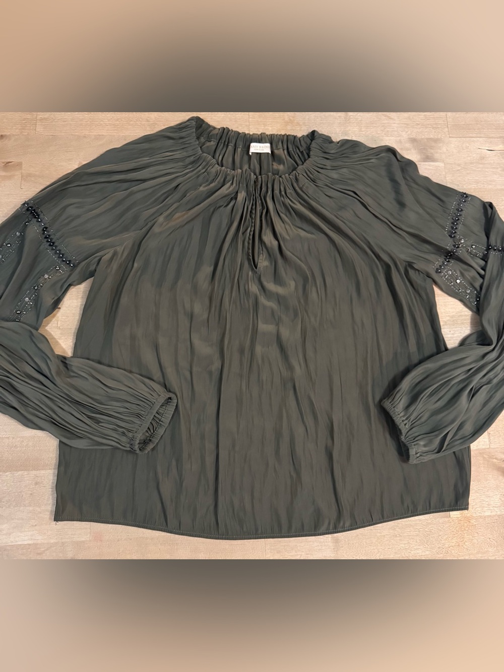 Ramy Brook Olive Green Silk Peasant Top boho with beaded accents